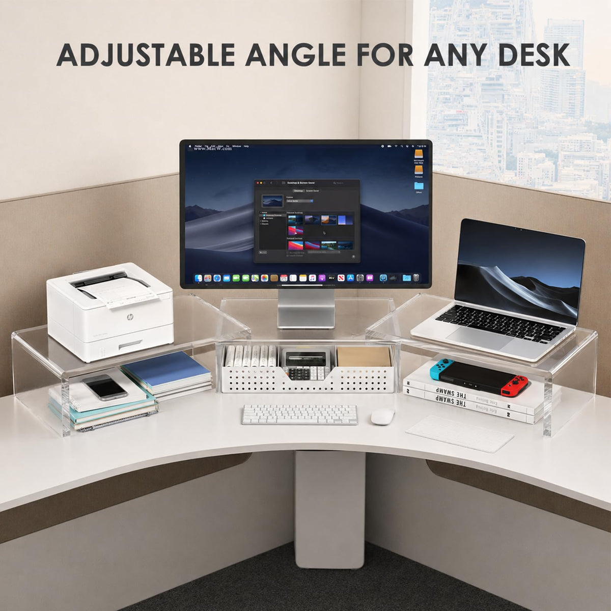 OPNICE Clear Acrylic Desk Organizers and Accessories, Dual Monitor Stand Riser with Drawer and 2