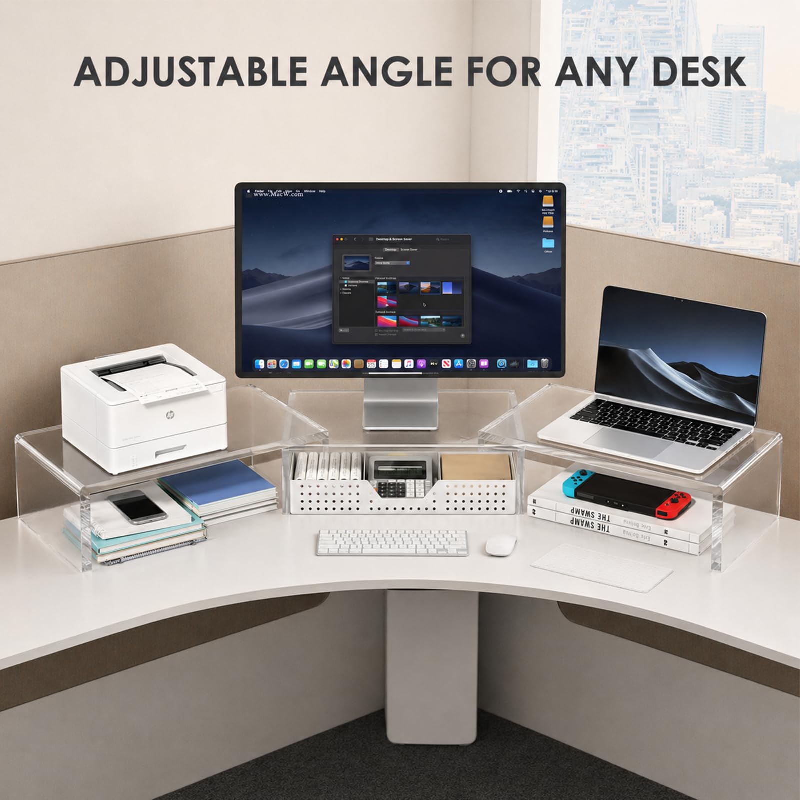 OPNICE Clear Acrylic Desk Organizers and Accessories, Dual Monitor Stand Riser with Drawer and 2