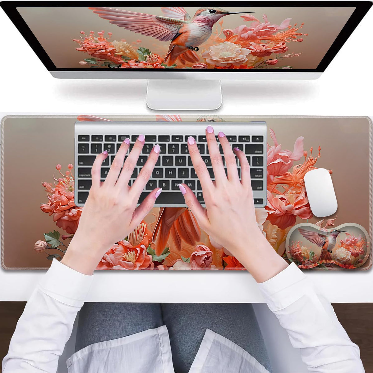HTTYYTRYT 3-Piece Hummingbird Pink Mouse Pad Set, Including Wrist Support Pad and Cup Holder, with