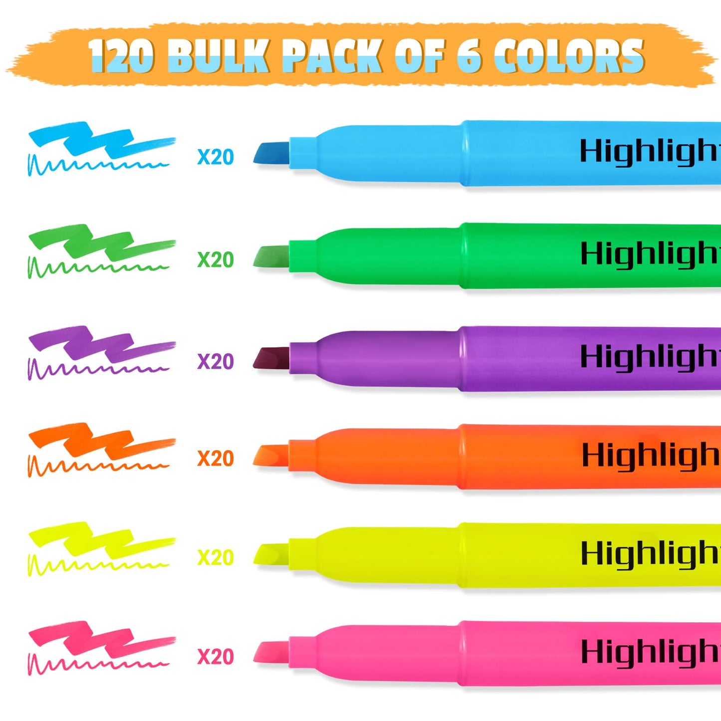 Aigybobo 120 Pack Highlighters in 6 Assorted Colors, Chisel Tip Dry-Quickly Highlighters Bulk, No