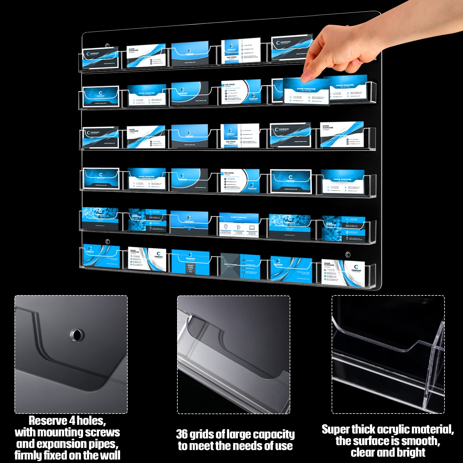 Lincia Acrylic Business Card Holder Wall Mount, 36 Pocket, 19.69'' x 21.38''