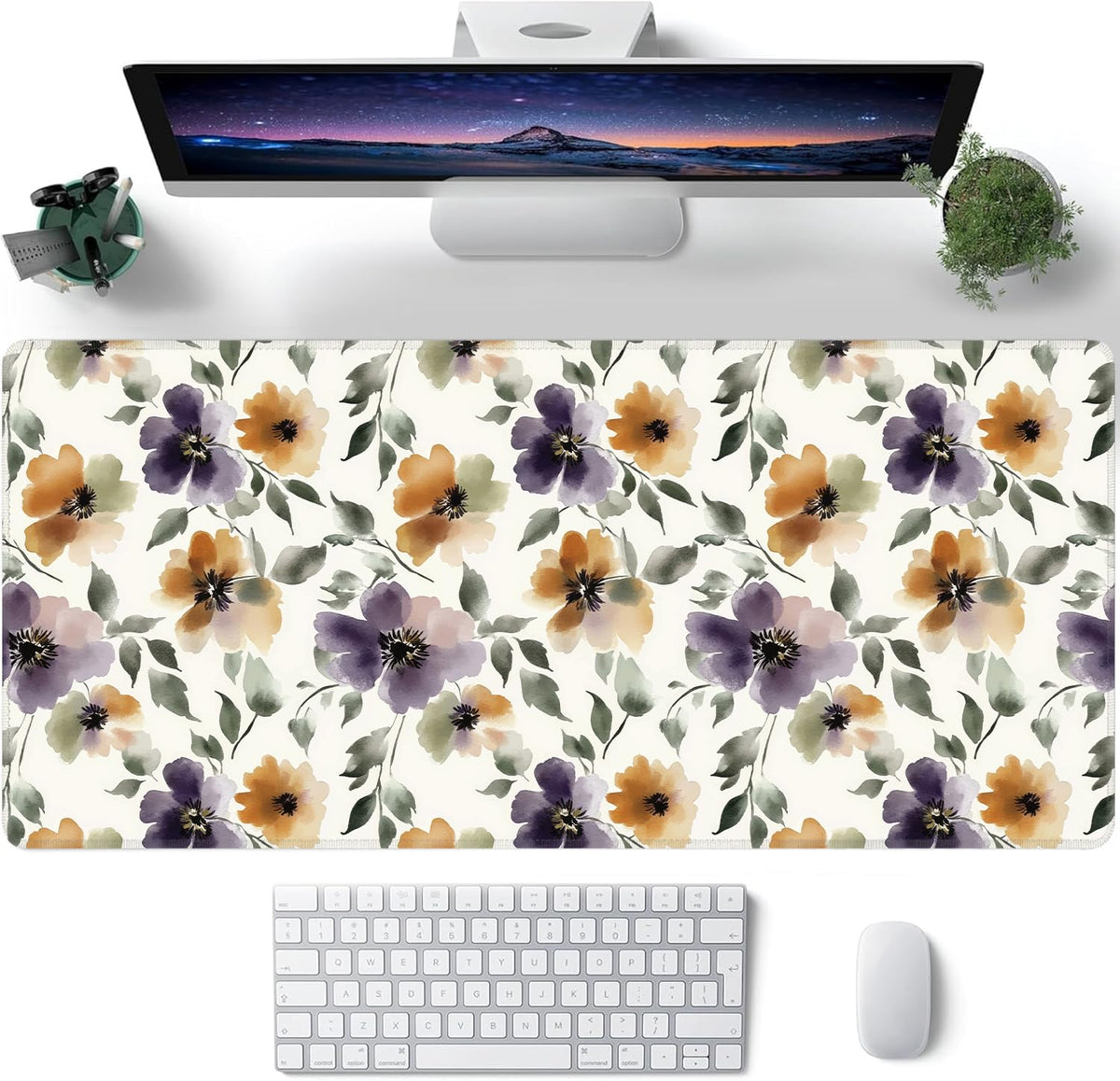 Watercolor Floral Large Mouse Pad,Gaming Keyboard Desk Pad,Extended Mouse Mat Non-Slip Rubber Base