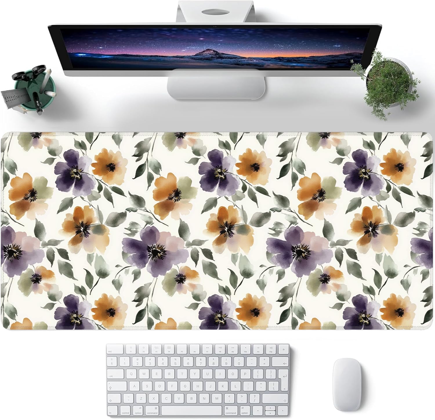 Watercolor Floral Large Mouse Pad,Gaming Keyboard Desk Pad,Extended Mouse Mat Non-Slip Rubber Base