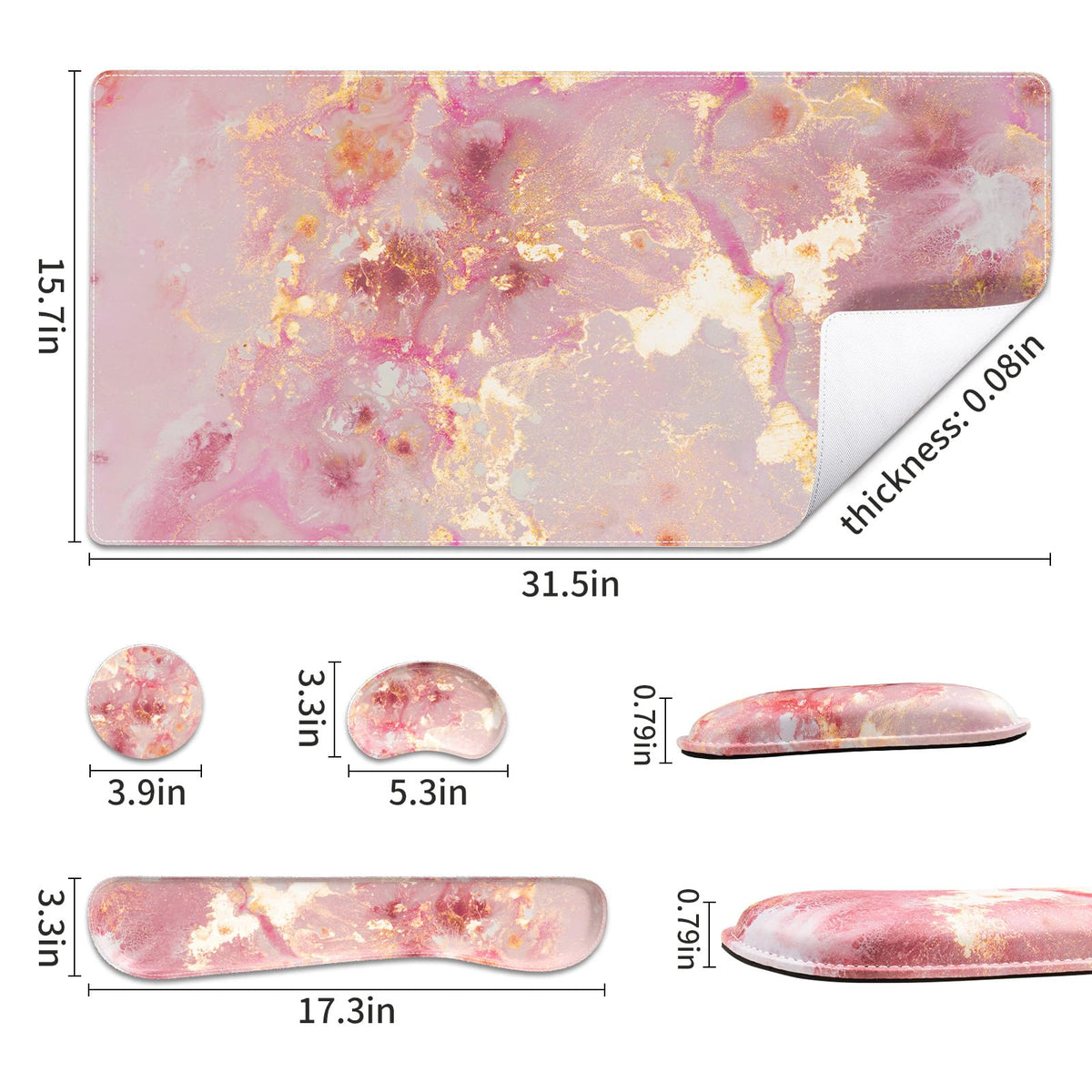 QiyI PU Leather Desk Mat Set, 4-in-1 Ergonomic Wrist Rest, Pink Marble