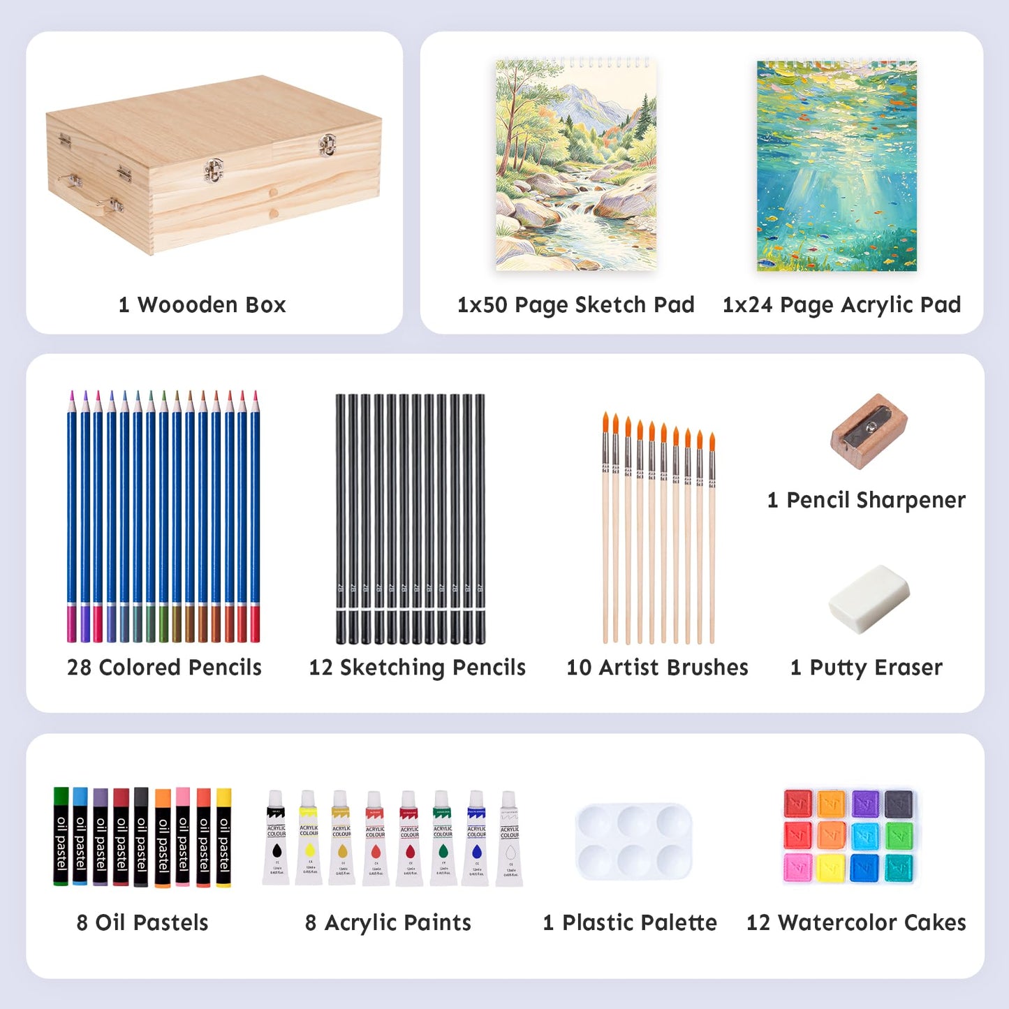 TMOL 85 Piece Deluxe Wooden Art Supplies, Art Kit with Easel, Sketching Pencils, Artist Brushes and