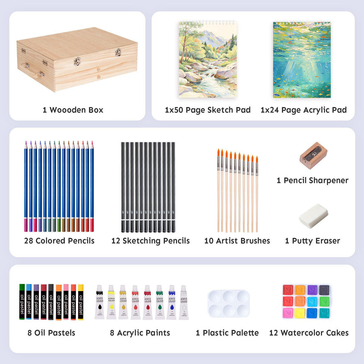 TMOL 85 Piece Deluxe Wooden Art Supplies, Art Kit with Easel, Sketching Pencils, Artist Brushes and