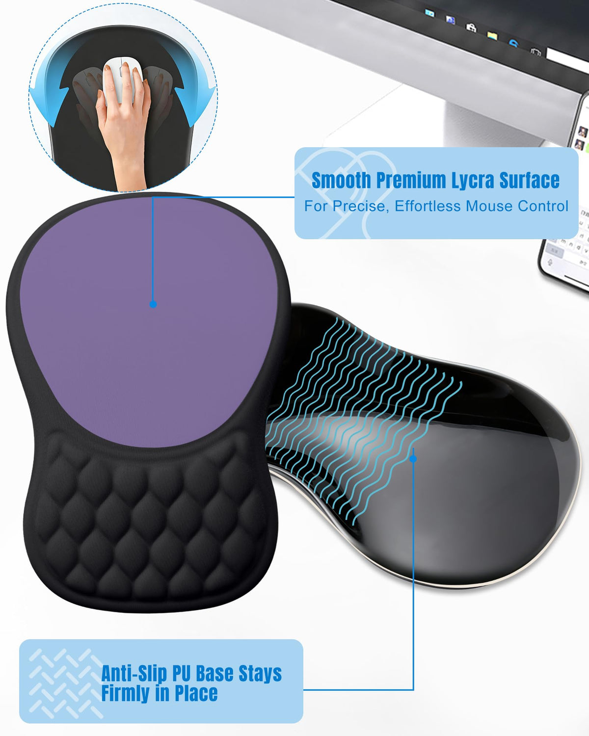 Ergonomic Mouse Pad with Sloped Memory Foam Wrist Rest, Black&Purple