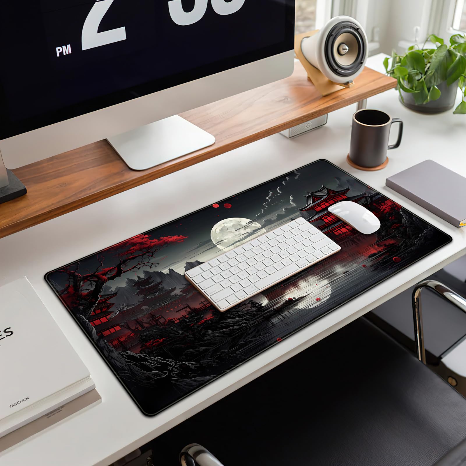Japanese Desk Mat Riverside Full Moon Desk Pad Black Red Large Mouse Pad Gaming Mousepad Extended