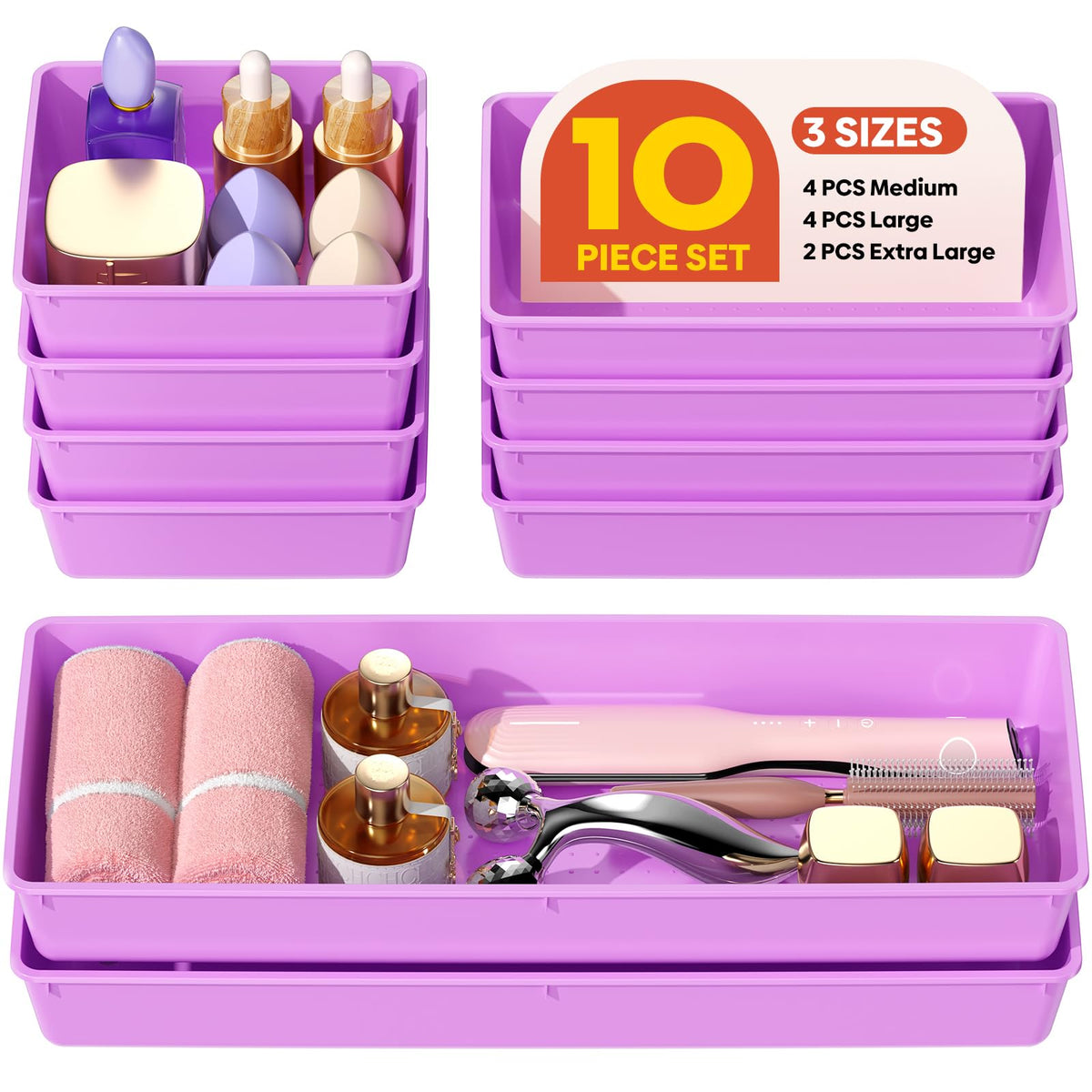MLIKLU 10 Pack Large Size Plastic Drawer Organizers Set, 3 Sizes Desk Drawer Organizer Trays