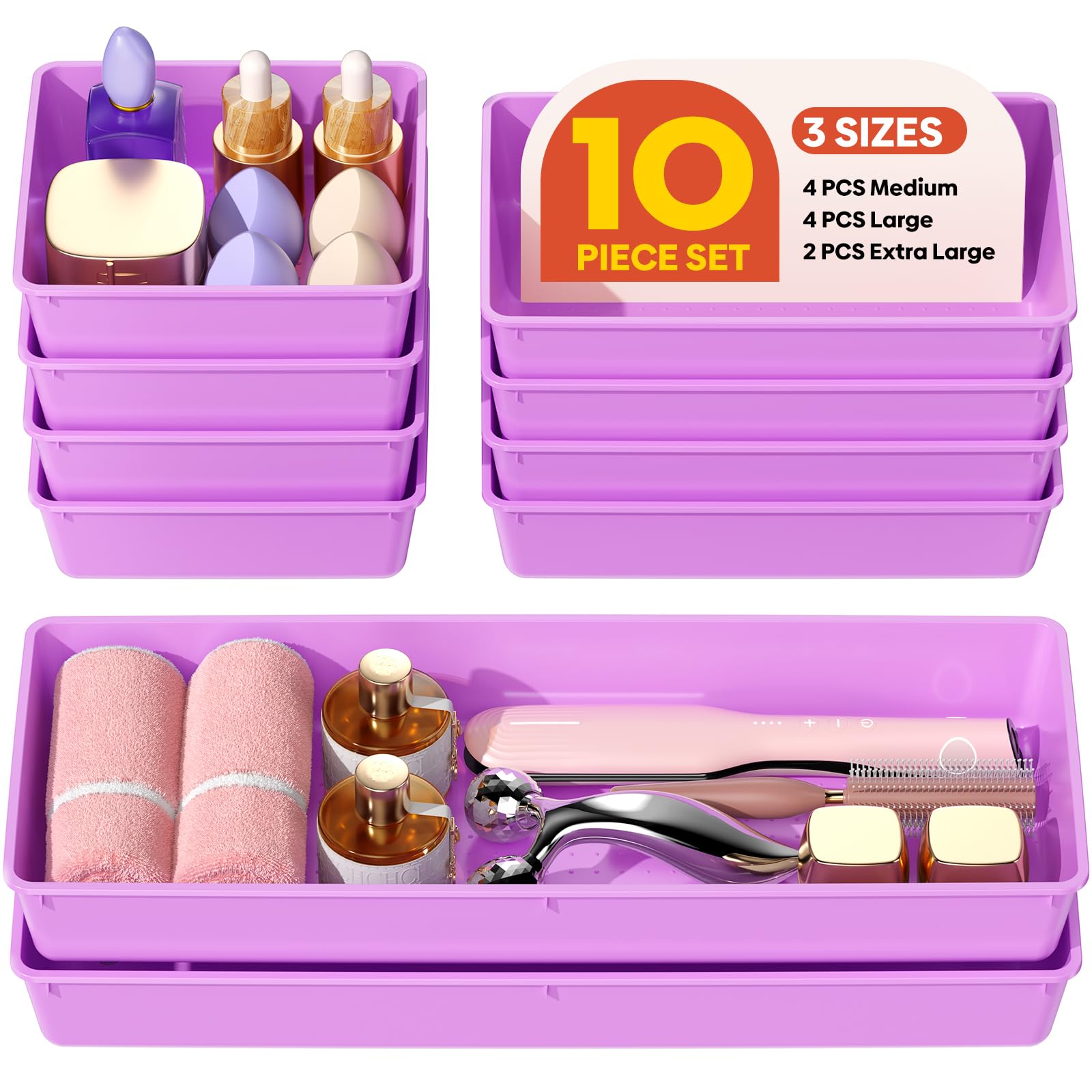 MLIKLU 10 Pack Large Size Plastic Drawer Organizers Set, 3 Sizes Desk Drawer Organizer Trays