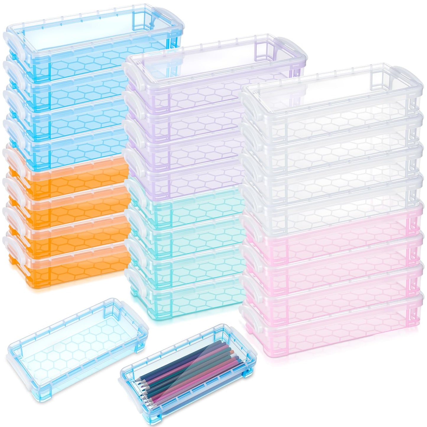 Gueevin 24 Pcs Pencil Box Clear Plastic Pencil Case, Macaron