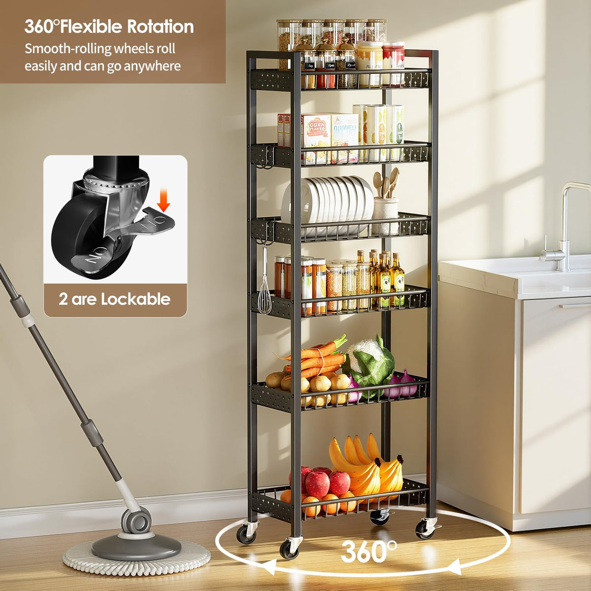 Kssiaz 6 Tier Slim Storage Cart, Narrow Rolling Cart with Wheels, 10in(W)