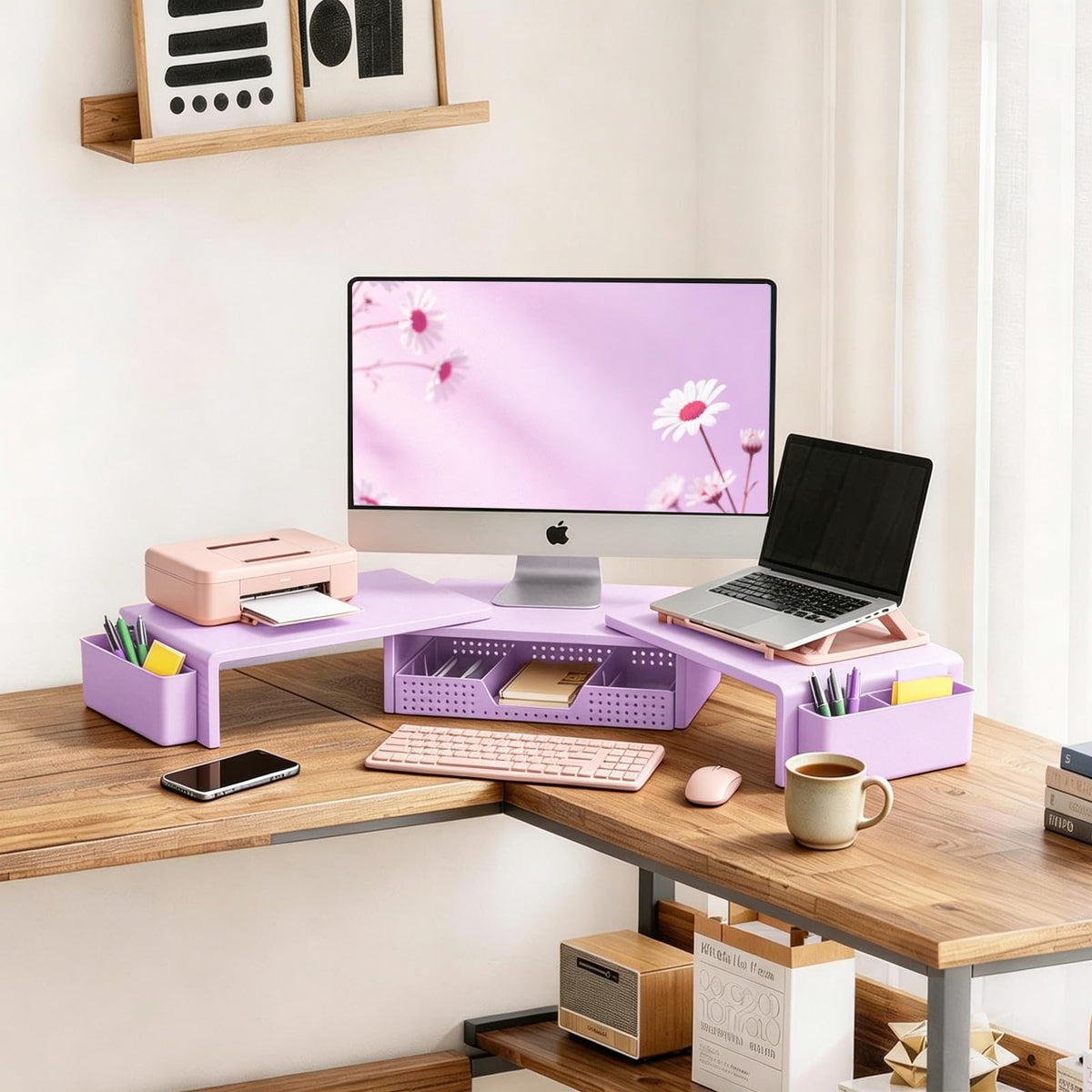LEKETREE Dual Monitor Stand Riser with Drawer and 2 Pen Holders, Purple