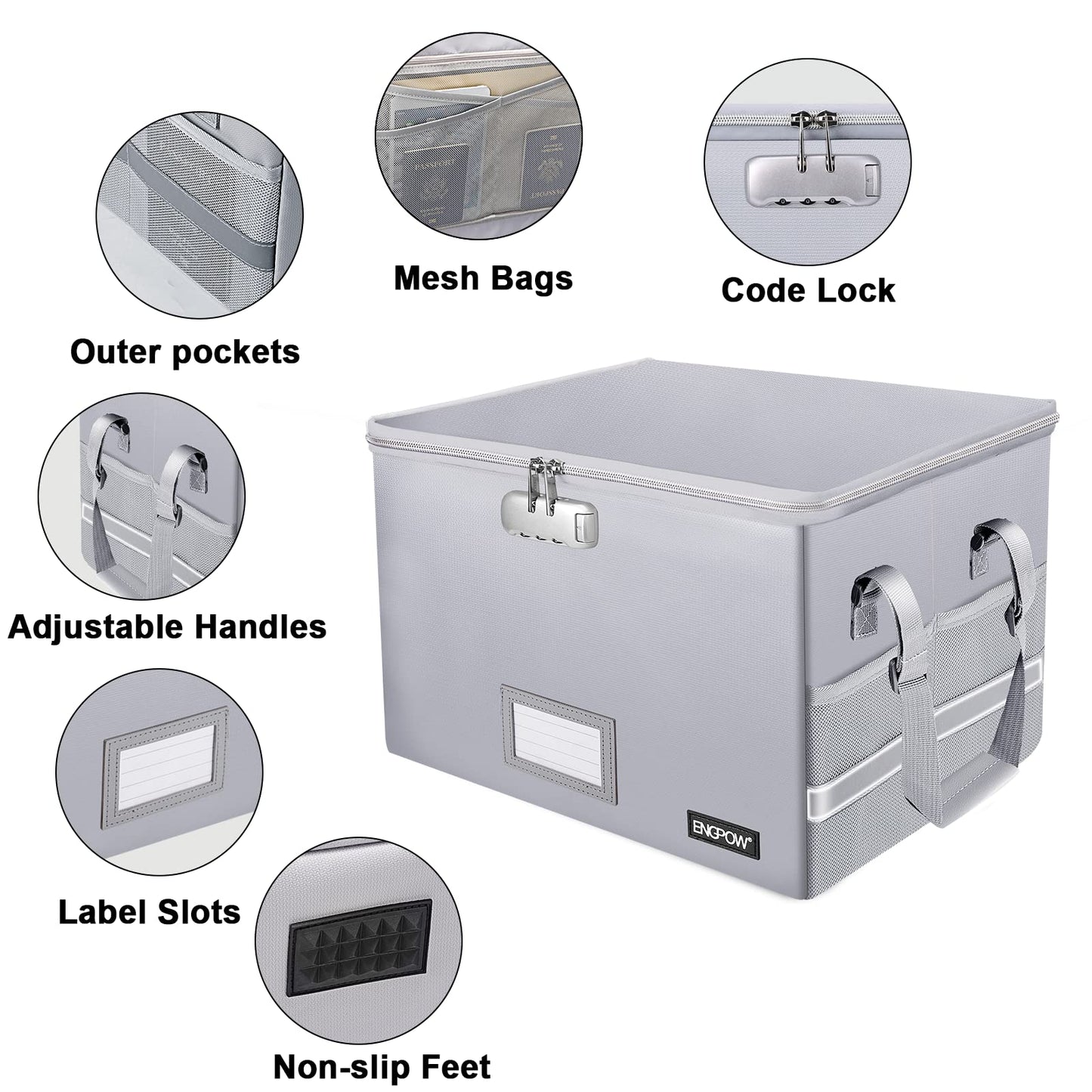 ENGPOW File Box with Lock, Fireproof Document Box with Pockets, Collapsible File Organizer Filing