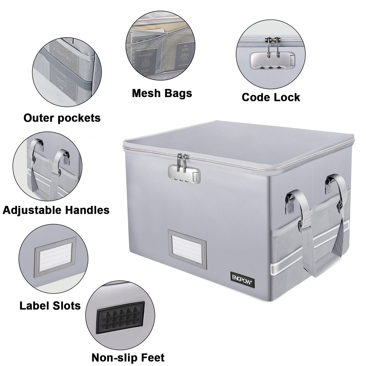 ENGPOW File Box with Lock, Fireproof Document Box with Pockets, Collapsible File Organizer Filing