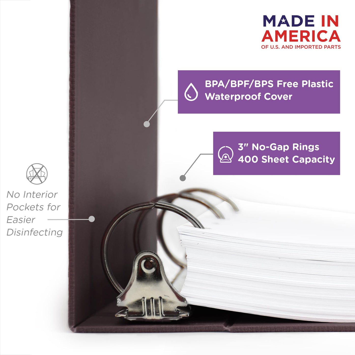 Carstens 3-Inch Heavy Duty 3-Ring Binder - Side Opening, Plum, Durable Plastic, Precision No-Gap