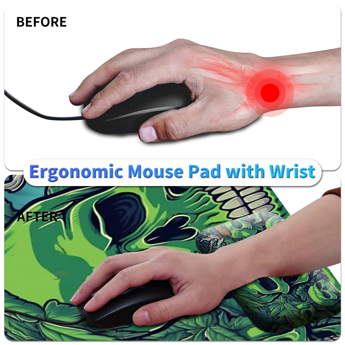 BPQOJB Laptop Mouse Pad 27.5 x 11.8 inch & Small Wrist Rests with Coasters and Green Forest Skull