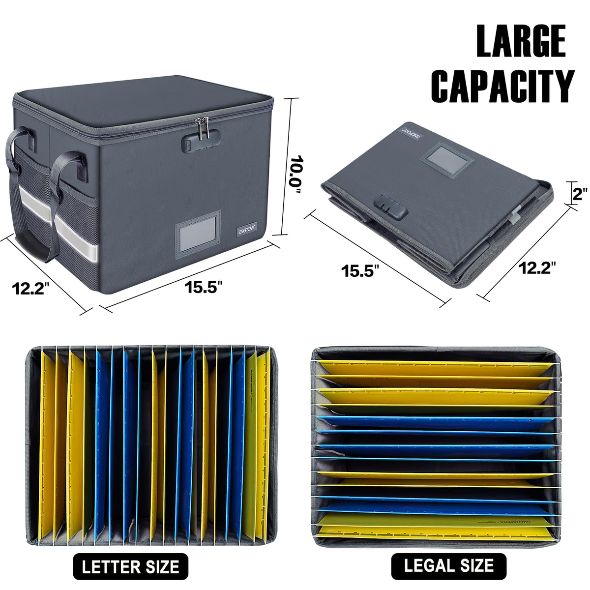 ENGPOW File Box with Lock, Fireproof Document Box with Pockets, Collapsible File Organizer Filing