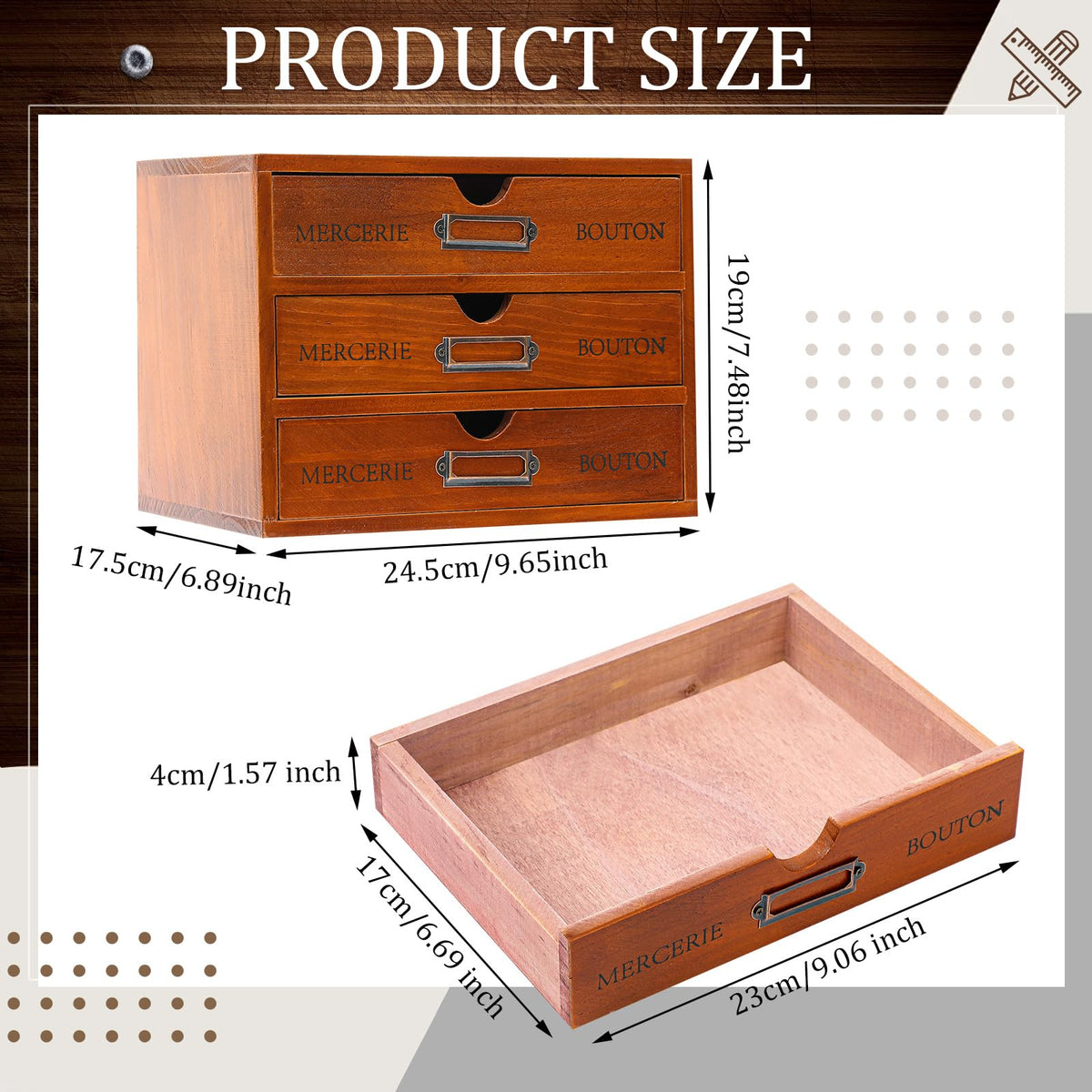 Wesiti Wooden Desk Organizer, 3 Drawers, Vintage Makeup Cabinet, Brown