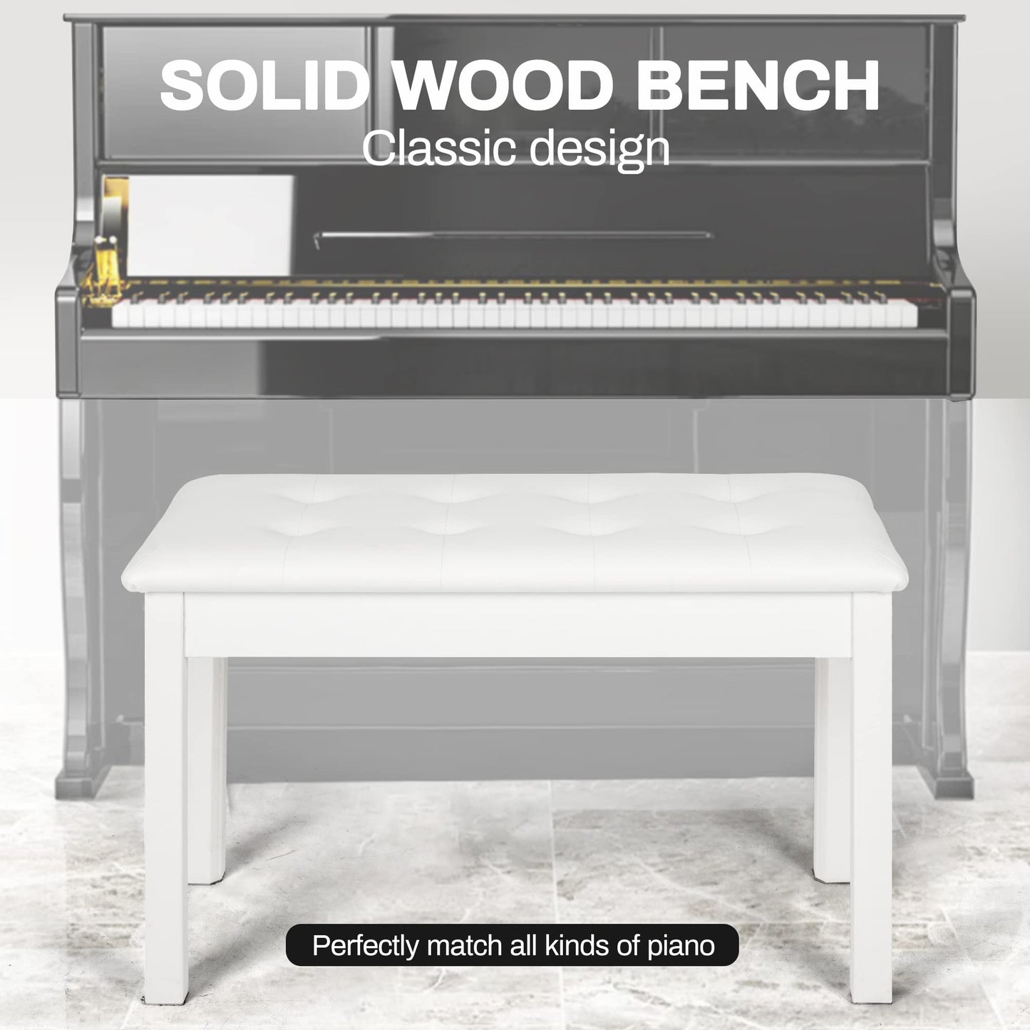 Wooden Duet Piano Bench with Padded Cushion and Storage Compartment, White