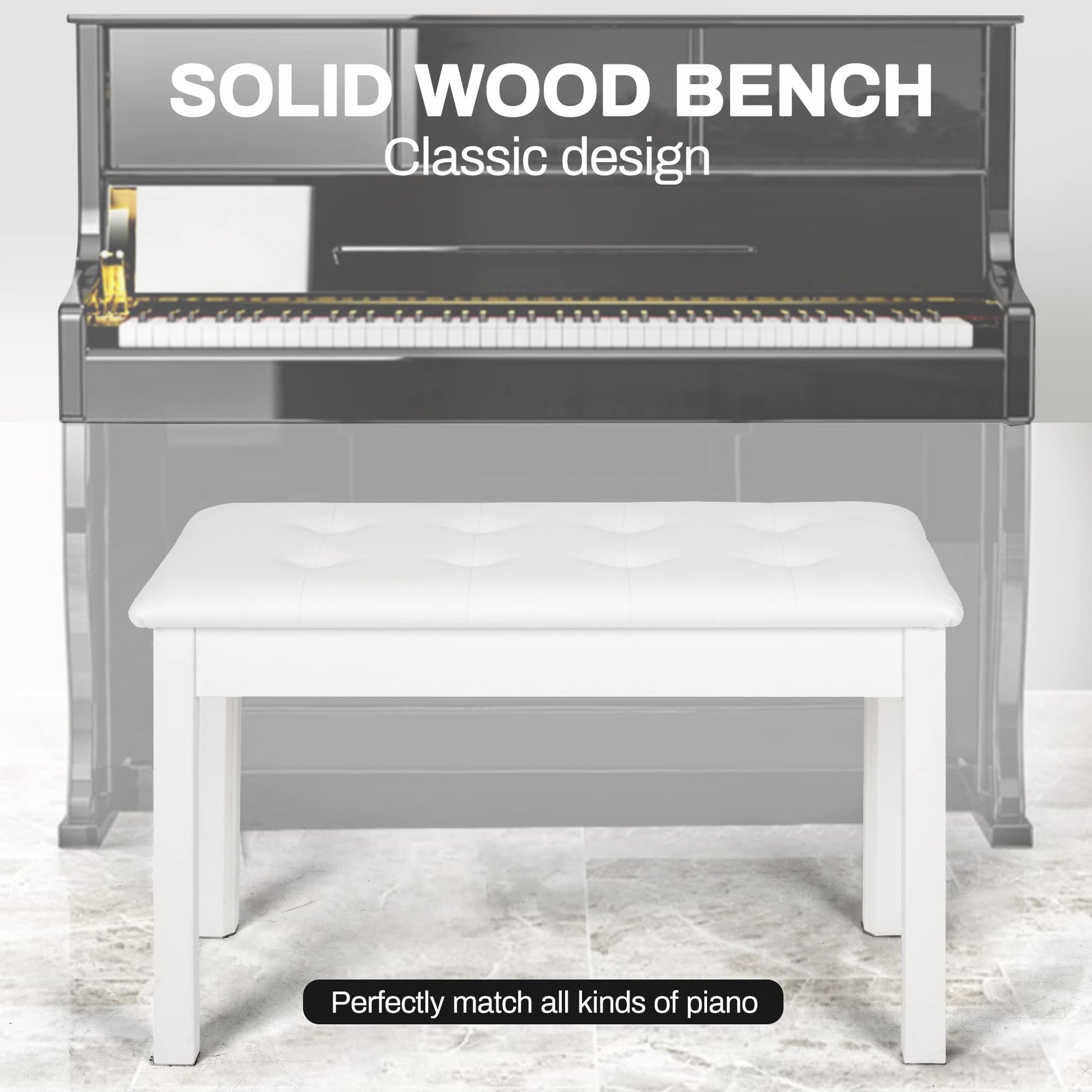 Wooden Duet Piano Bench with Padded Cushion and Storage Compartment, White
