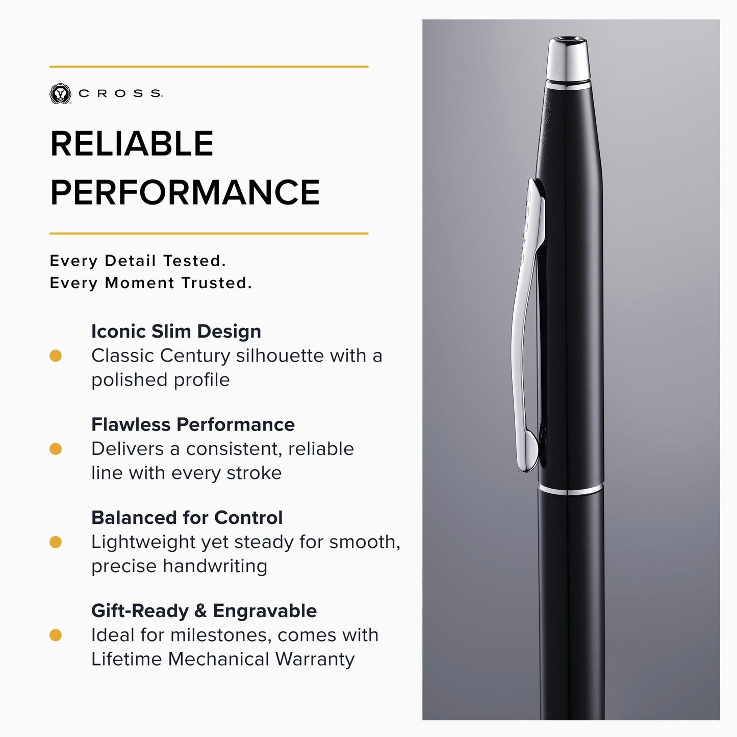 Cross Classic Century Black Lacquer Ballpoint Pen, Medium Point, Black Ink