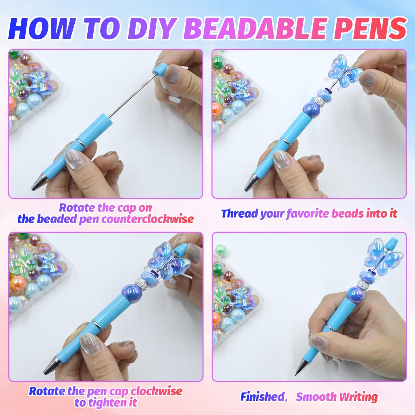 DASTTUIS 300 Pieces DIY Beadable Pen Kit – 100 Plastic Ballpoint Pens with Refills & Bags – School
