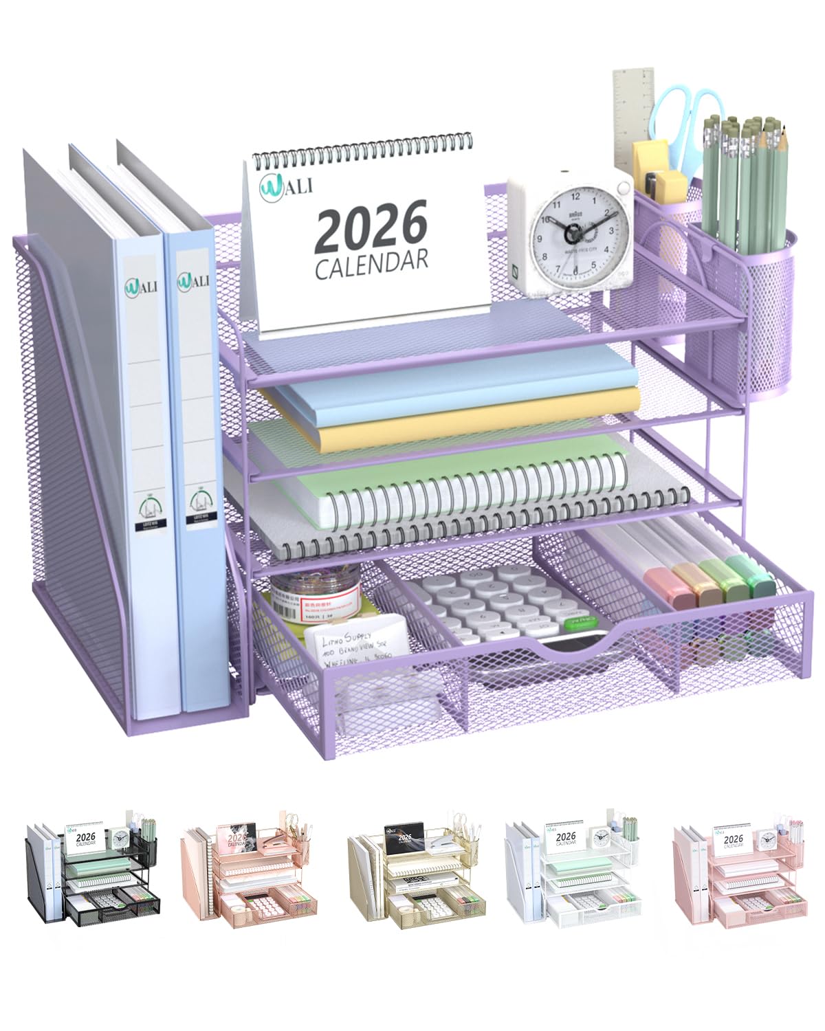WALI Desk File Organizer, 4 Tier Desktop Paper Letter Tray Organizer with Drawer and 2 Pen Holders