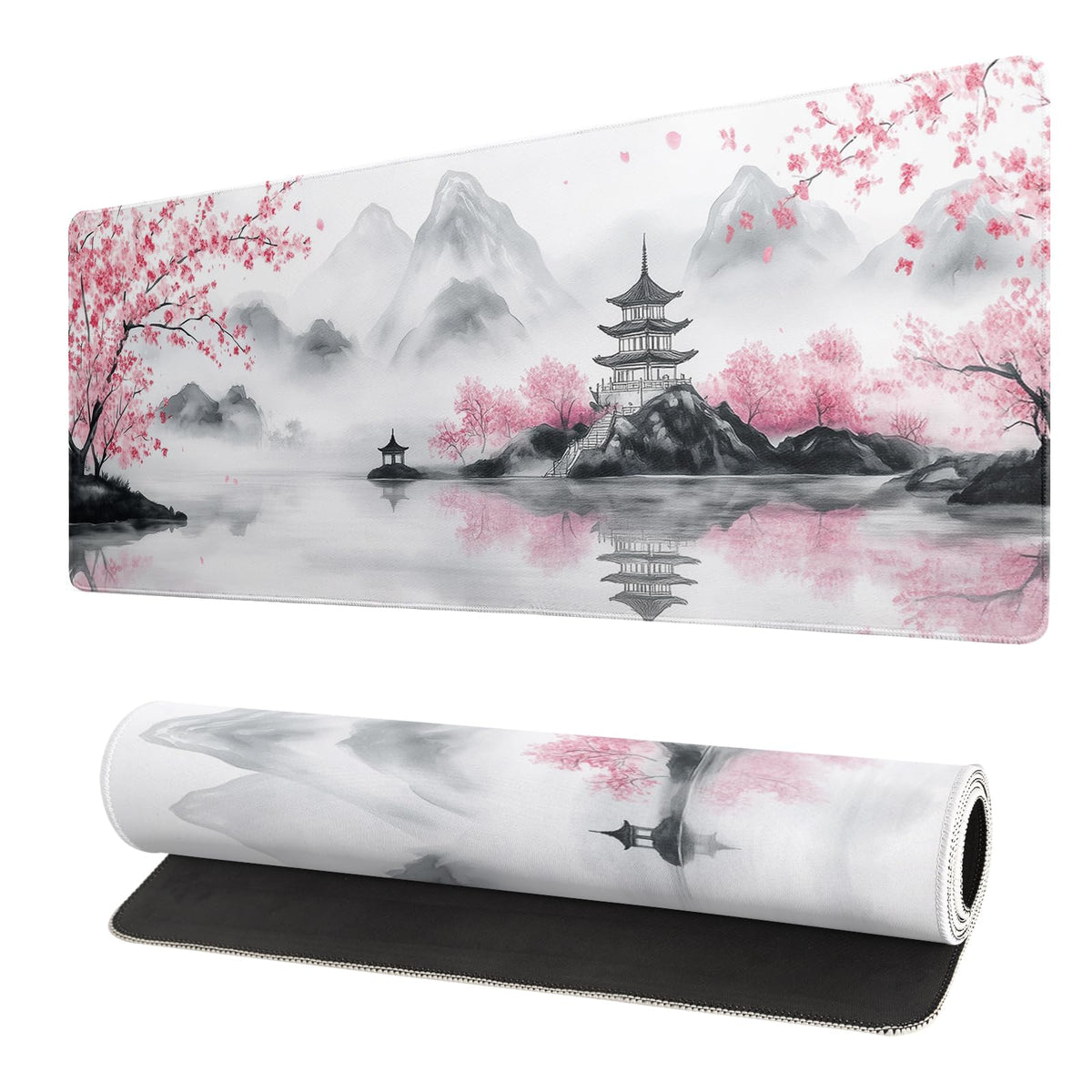 Pagoda Mouse Pad 31.5x11.8 Inch White Full Desk Japanese Mousepad Extended Large Non-Slip Rubber