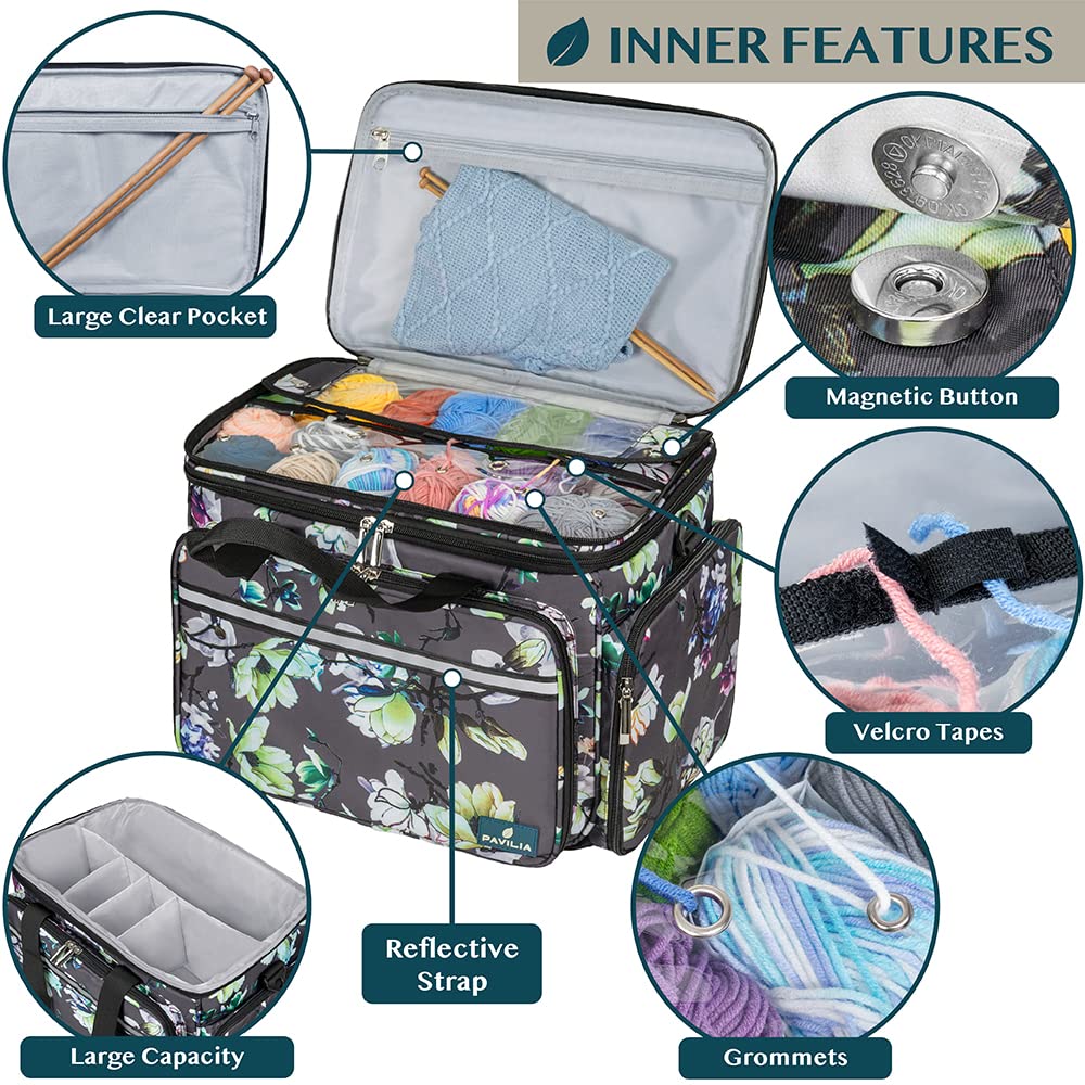 PAVILIA Knitting Yarn Storage Bag Crochet Knitter Organizer, Floral Grey