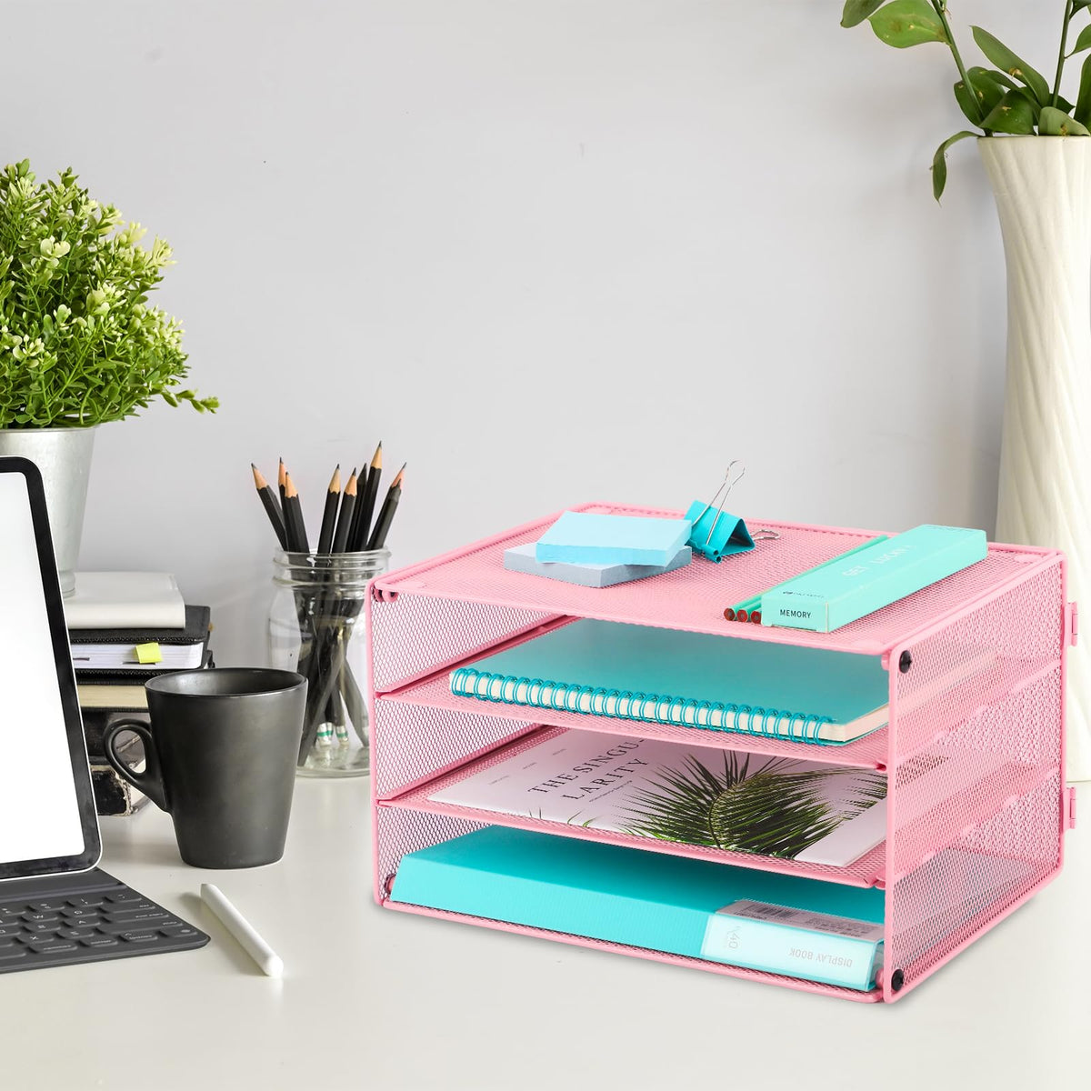 EASEPRES Paper Organizer Tray, 3 Tier Mesh Desk File Organizer Letter Sorter Holder for Home