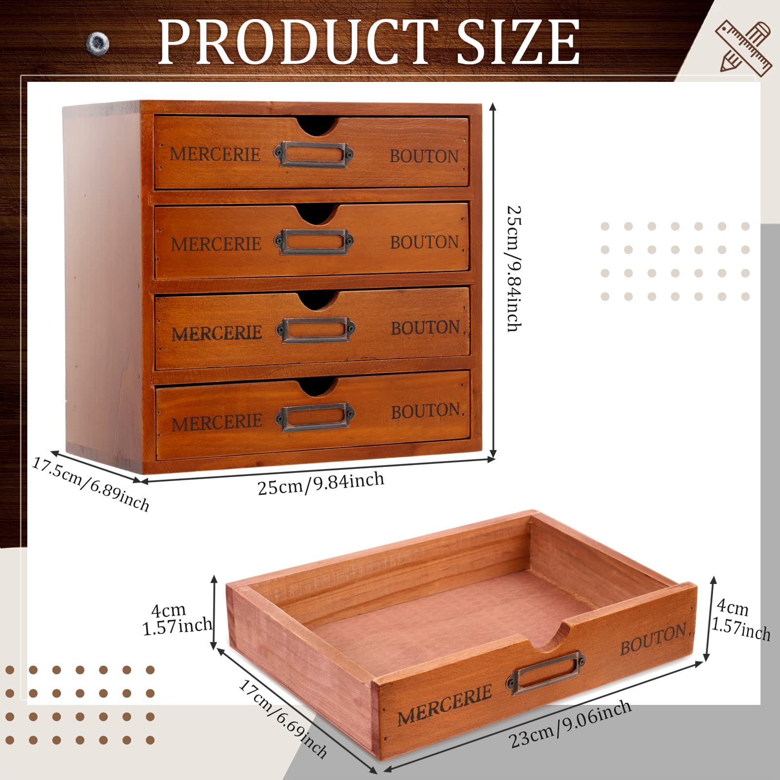 Wesiti Wooden Desk Organizer, 4 Drawers, Vintage Makeup Cabinet, Brown