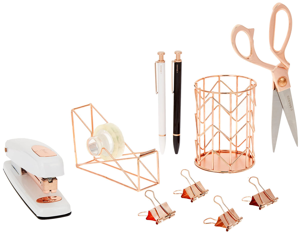 U Brands Desktop Accessory Kit, Office Supplies Set, Wire Metal, Rose Gold, 10-Pieces