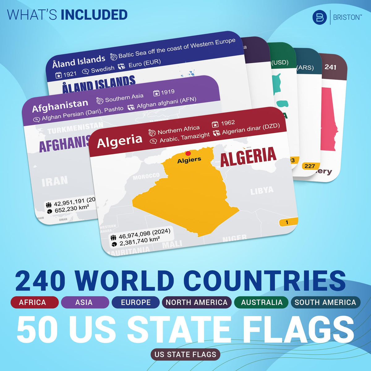 World Geography Flash Cards – 240 Countries, 50 US States, Flags & Maps