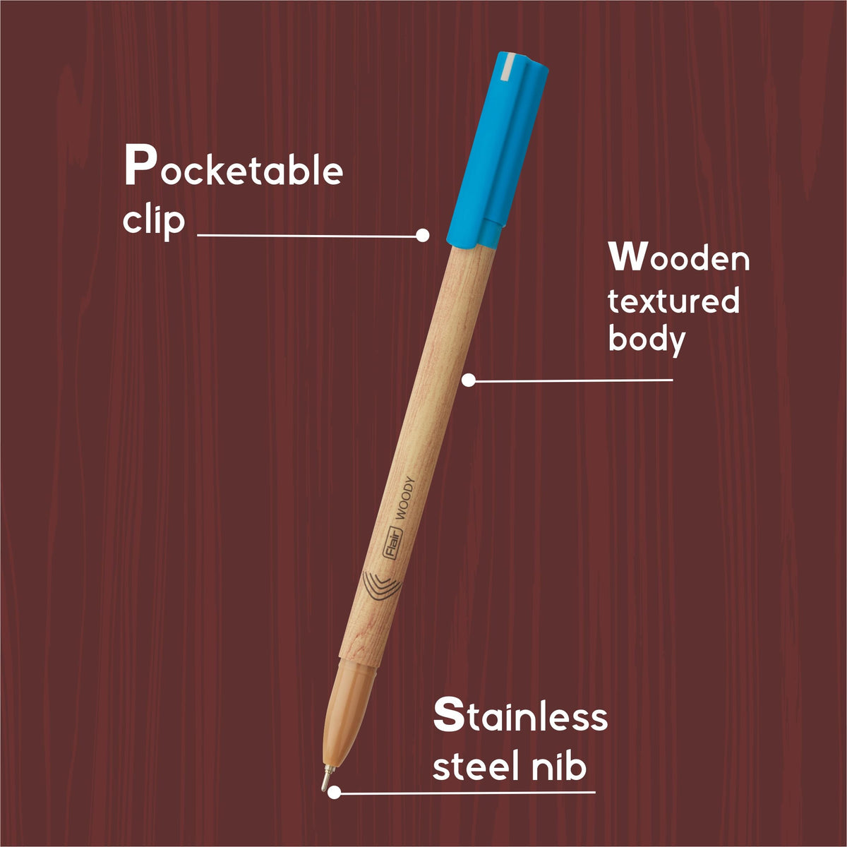 FLAIR Woody Ball Pen Wallet Pack | 0.7 mm Tip Size | Attractive Woody Design | Smooth Ink Flow