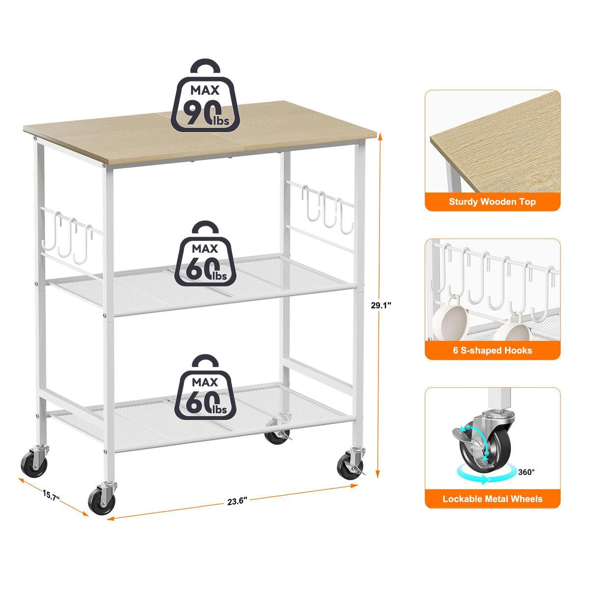 NTE Rolling Kitchen Microwave Cart, 3 Tier Microwave Stand with Storage, Small Kitchen Island on