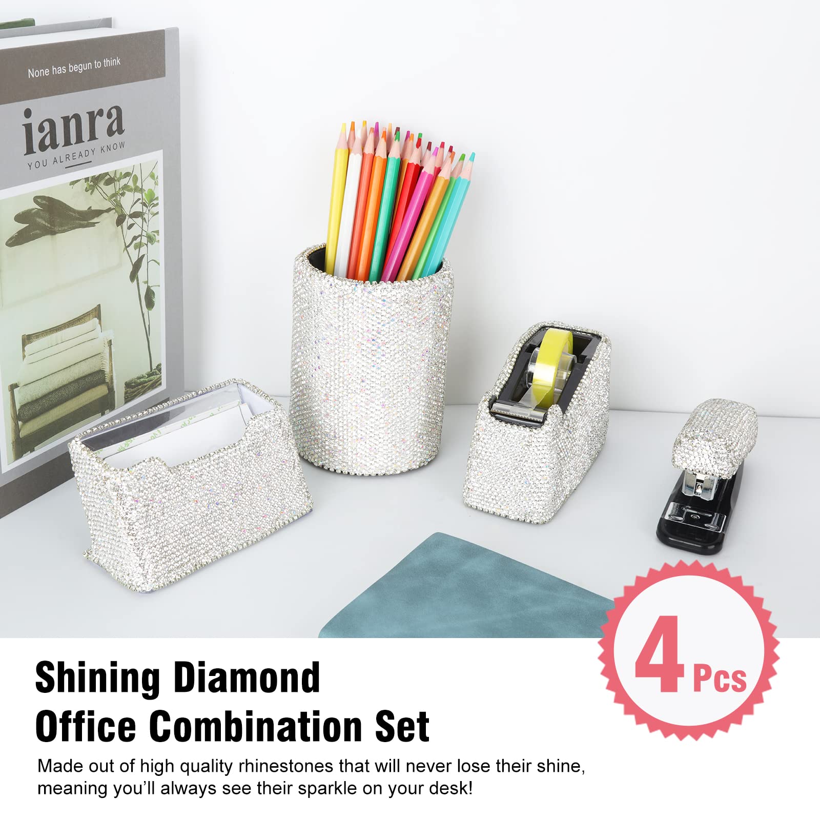 Bling Crystal Luxury Handmade Diamond Round Pencil Pen Pot Holder & Stapler & Card Holder & Desktop