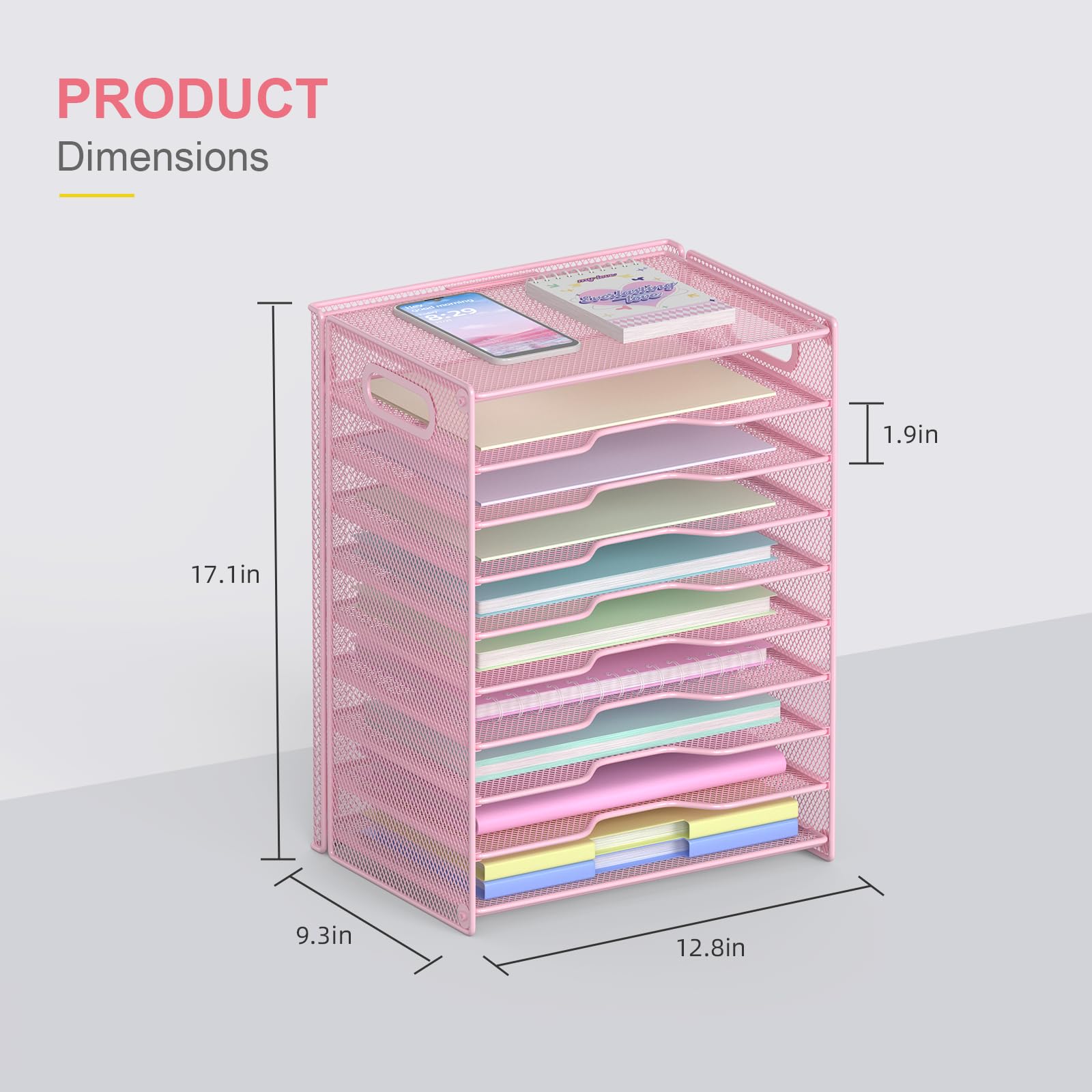 OUTWOLF 10 Tier Paper Organizer - Letter Tray Mesh Desk File Organizer with Handles for Office