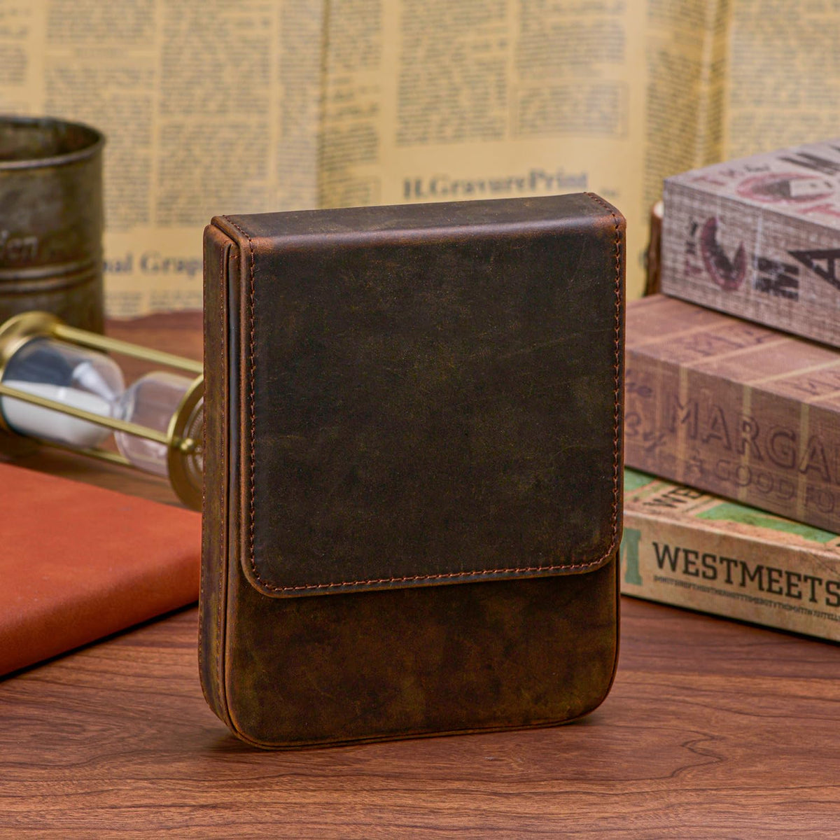Lanxivi Genuine Leather Fountain Pen Case 6 Slot Crazy Leather Organizer, Portable Pen Bag Pouch