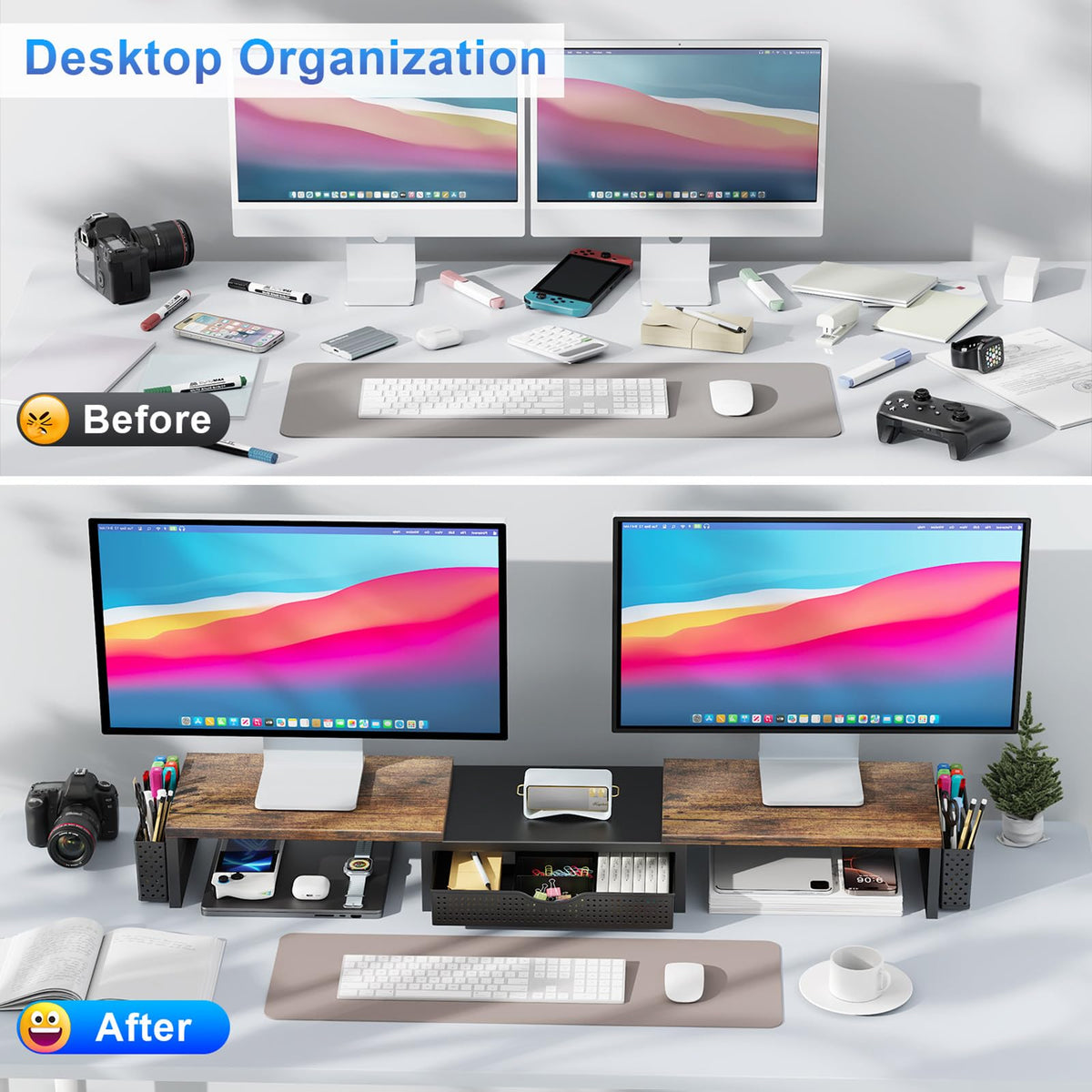 gianotter Dual Monitor Stand Riser With Drawer and 2 Pen Holders