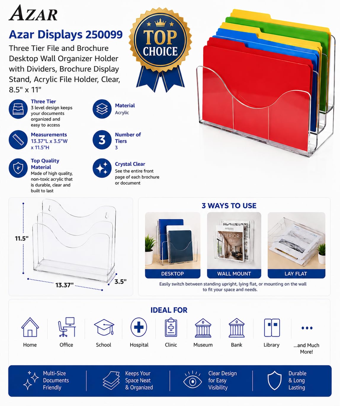 Azar Displays 250099-3PK Three Tier File and Brochure Desktop Wall Organizer Holder with Dividers