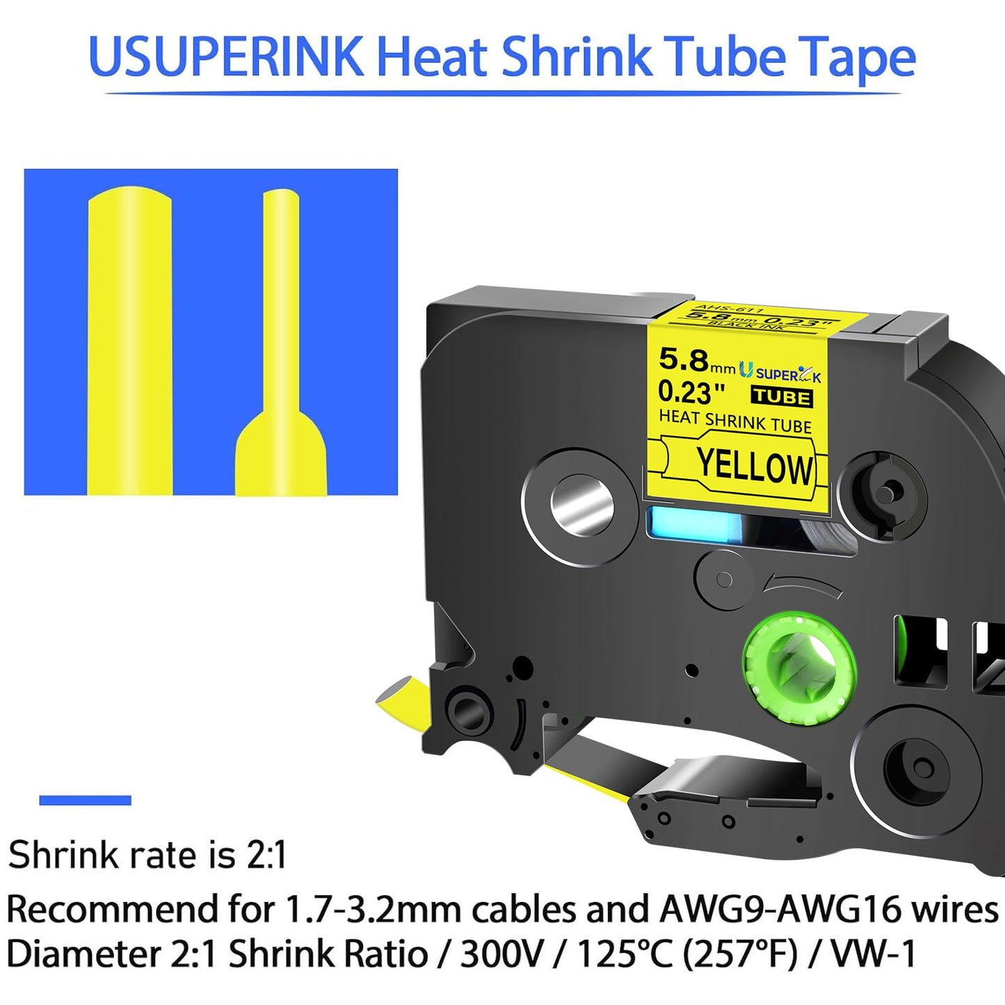2 Pack Compatible for Brother Ptouch HSe-611 HSe611 HS-611 HS611 Black on Yellow 5.8mm 0.23'' Heat