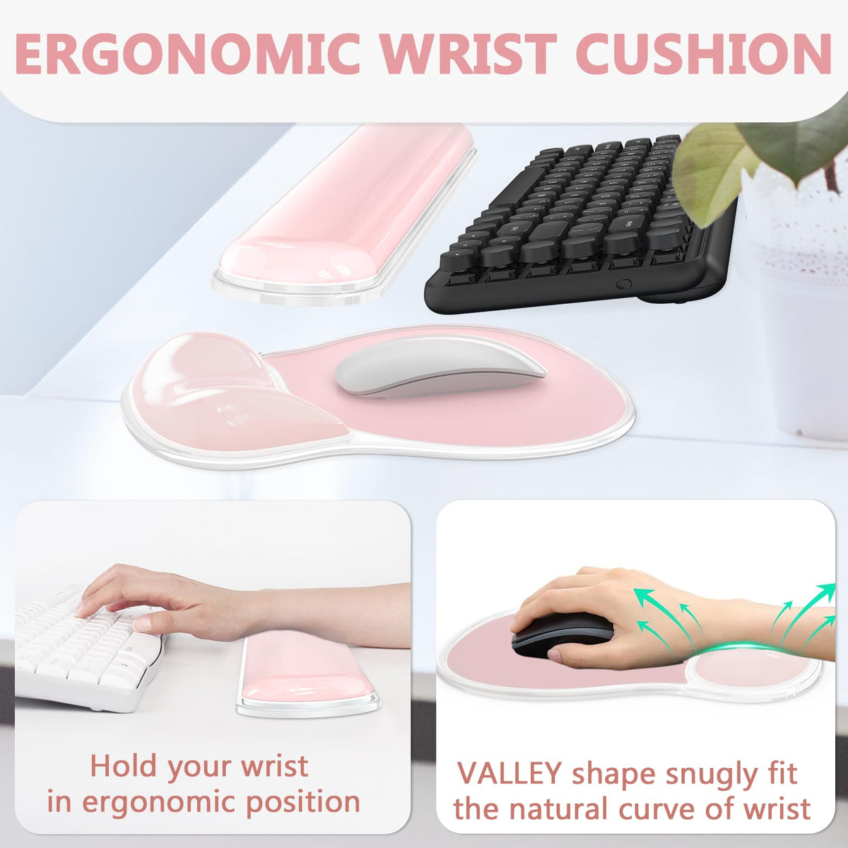 AKIT Ergonomic Mouse Pad with Wrist Rest&Keyboard Wrist Rest Set, Gel, Pink