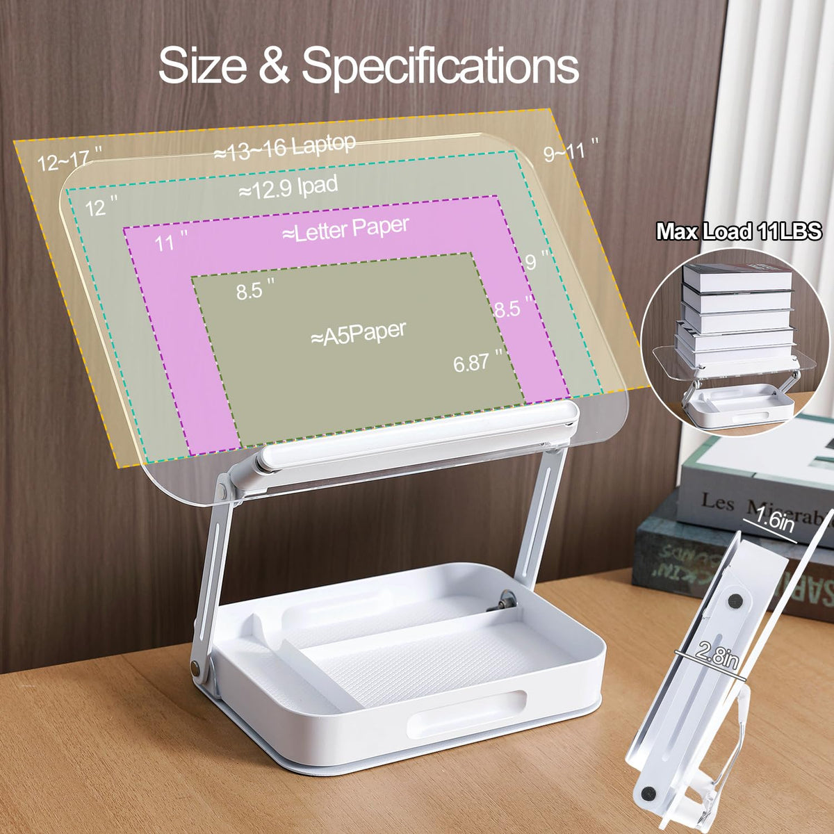 ZOEY Acrylic Book Stand for Reading Adjustable Book Holder with 360 Rotating Base and Storage