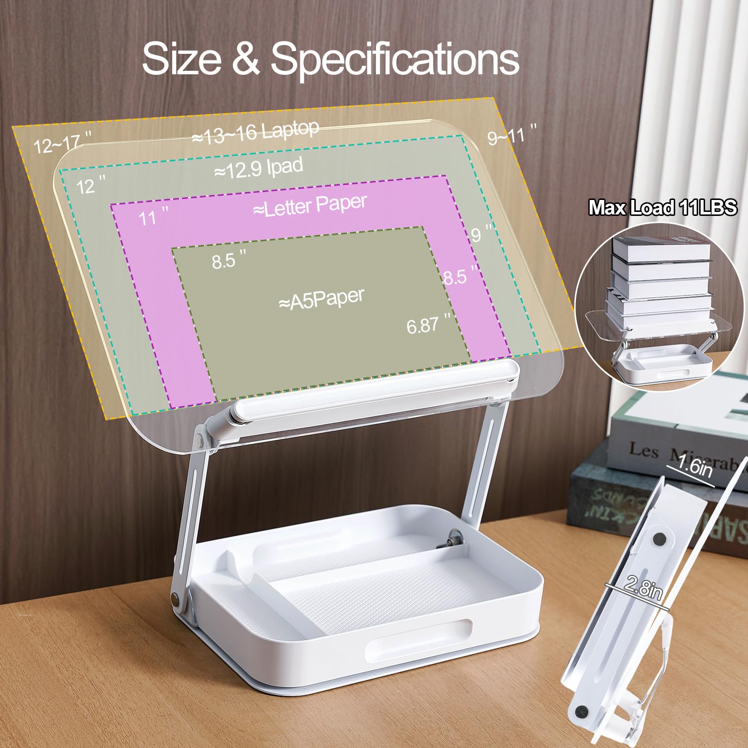 ZOEY Acrylic Book Stand for Reading Adjustable Book Holder with 360 Rotating Base and Storage