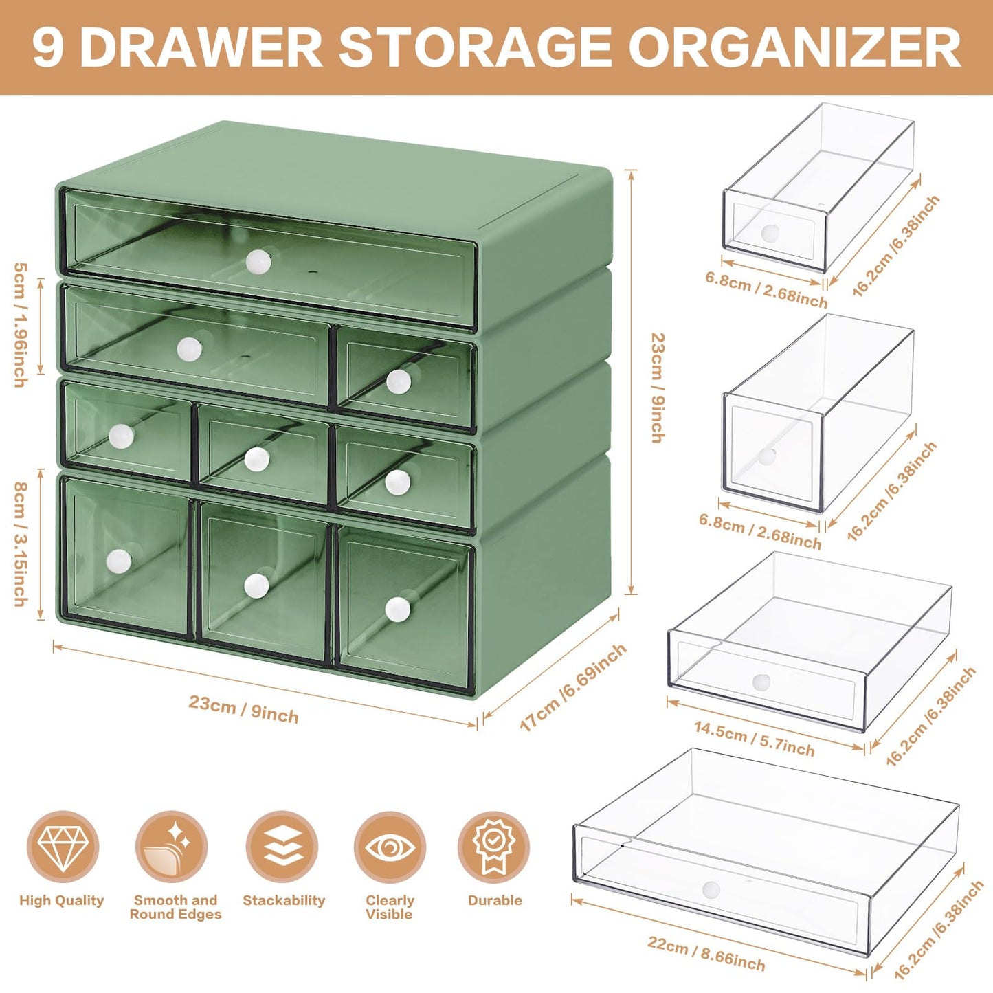 FODIENS Desk Storage Organizer with 9 Drawers, 4 Tiers Stackable Desktop Craft Storage Drawers