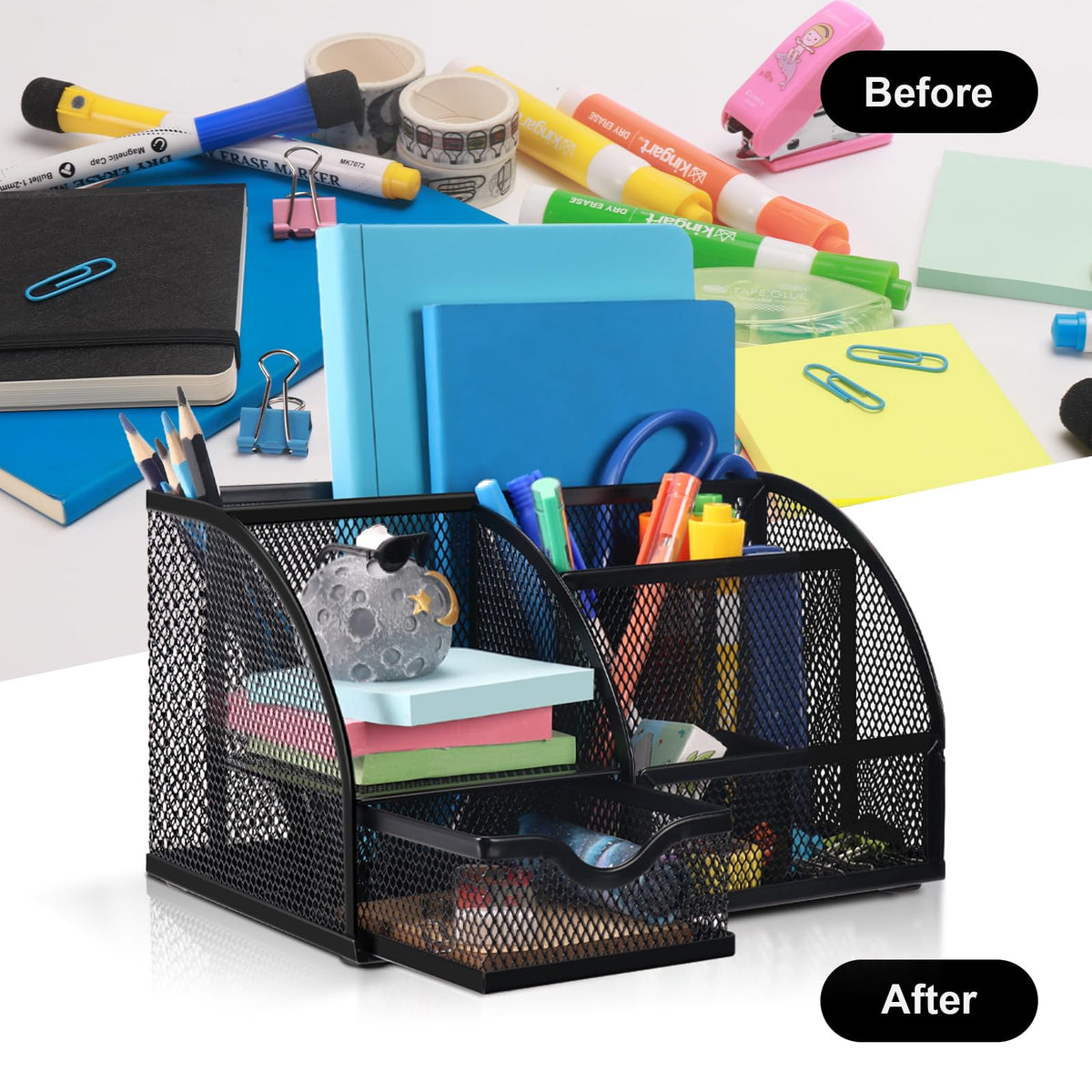 Comix Mesh Pen Pencil Holder Desk Organizer, 7 Compartment Wire Desktop Pen Pencil Cup Caddy Office