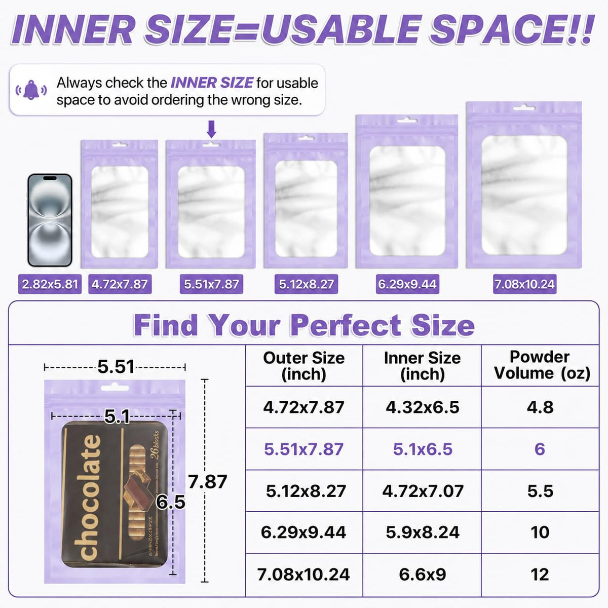 ANZNKU 100Pcs Purple Mylar Bags, Resealable Smell Proof Zip Goodie Baggies