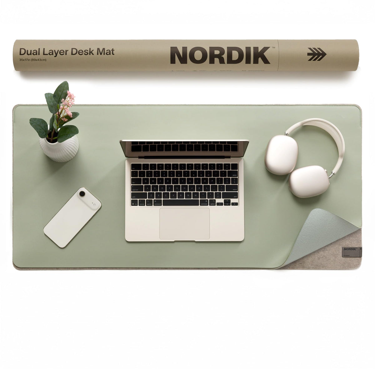 Nordik Felt and Leather Desk Mat - Dual Layer Willow Haze Sage 35 x 17 in
