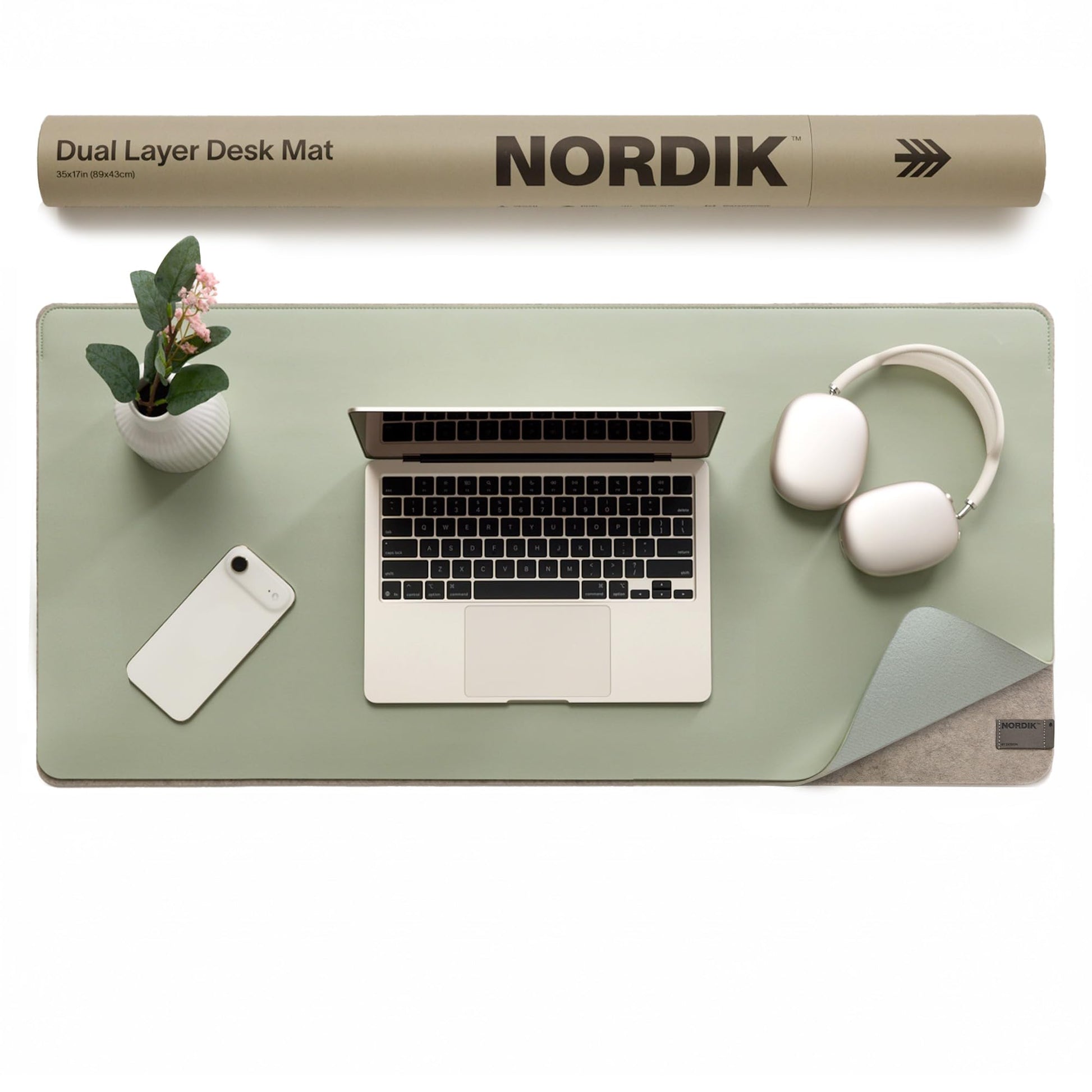 Nordik Felt and Leather Desk Mat - Dual Layer Willow Haze Sage 35 x 17 in